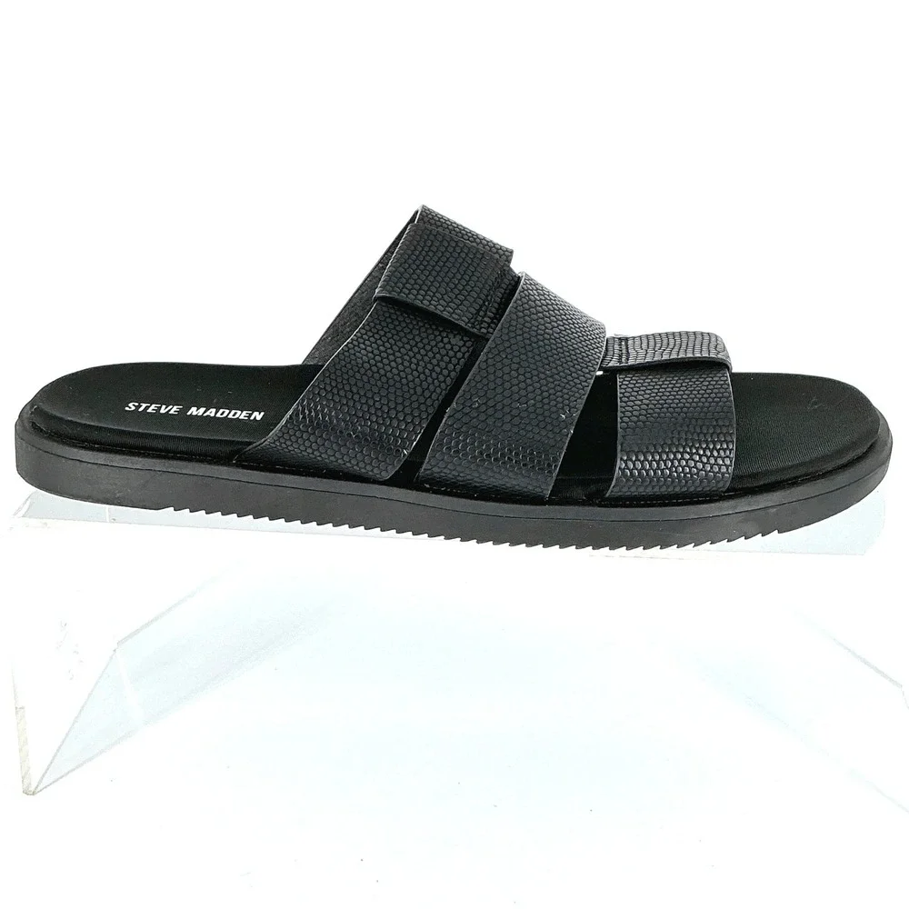 Steve‎ Madden Mens Size 9 Shoal Black Textured Triple Strap Slides Sandals